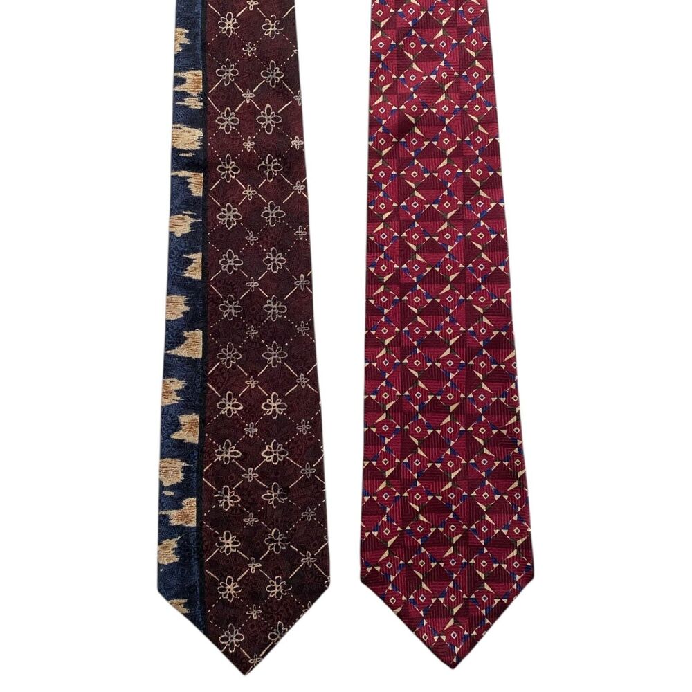 Vintage Bellagio Mens Silk Neckties Art Deco Abstract Geometric Burgundy Blue